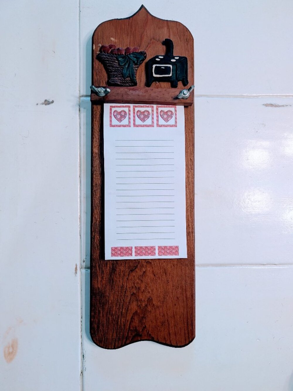 VTG Wooden Grocery List To-Do Board Plaque 17.25" 3D Apples Basket Stove Cottage